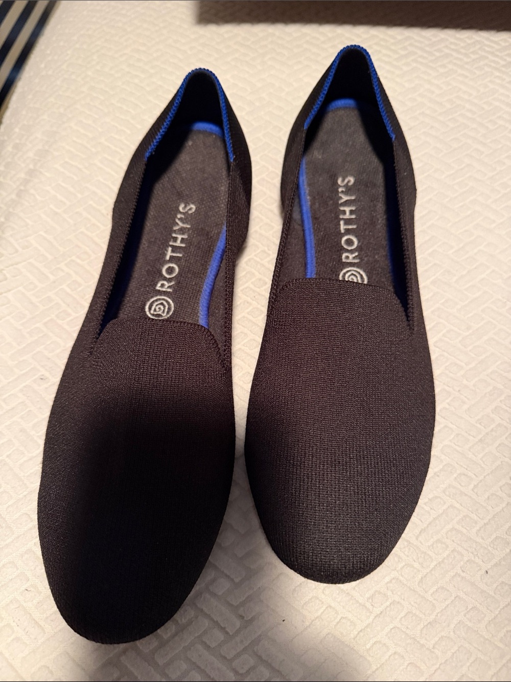 Rothy's Black Womens Slip-On Loafers with Blue Trim